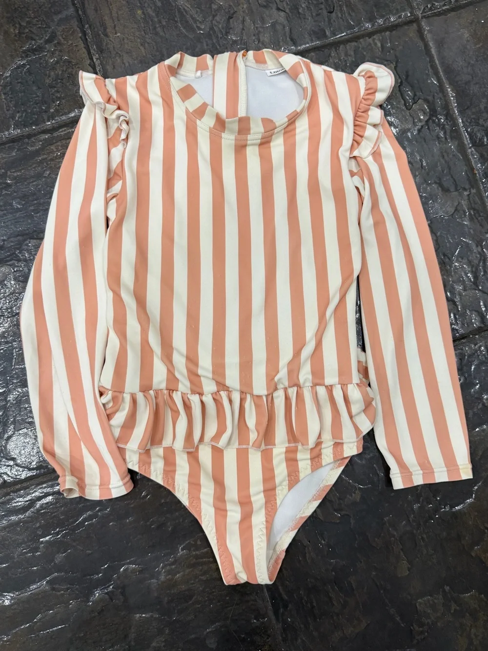 LDIOIF Girls Peach Stripe Ruffle Long Sleeve One Piece Swimsuit Size 5-6